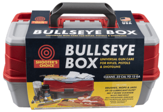 Shooter's Choice Bullseye Box Universal Rifle, Pistol, Shotgun Cleaning Kit in a tackle box features 300 pieces